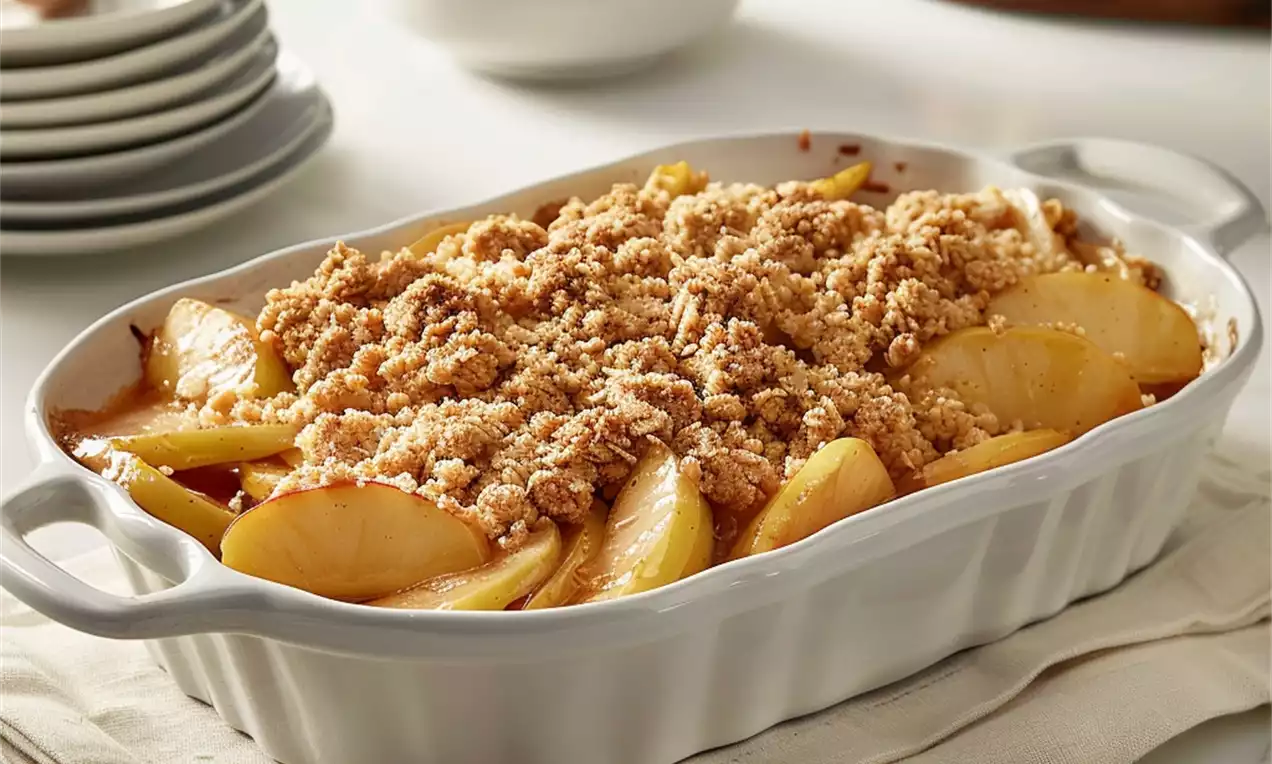 Golden brown crumble topping over soft baked apple slices, arranged in a white ridged rectangular dish on a cream cloth