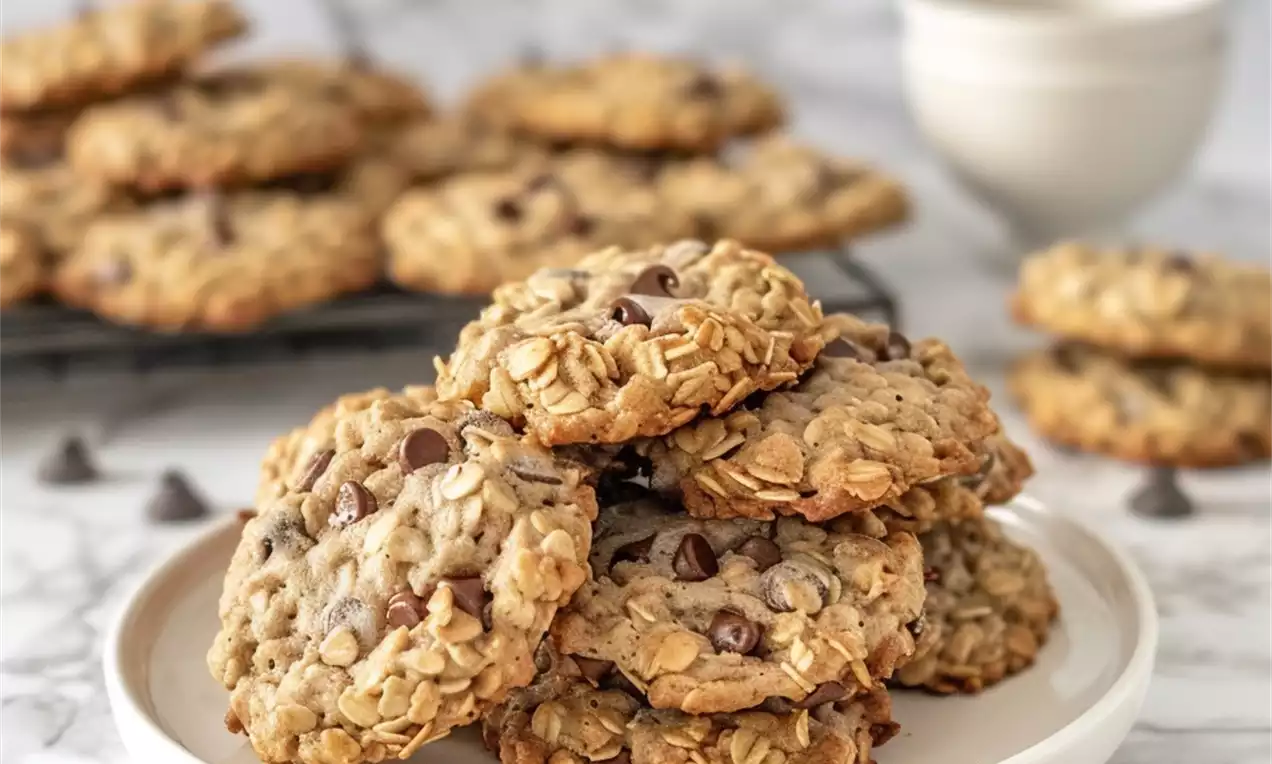 Cookies dorés à l’avoine parsemés de pépites de chocolat noir, empilés sur une assiette blanche avec des cookies et pépites en arrière-plan
