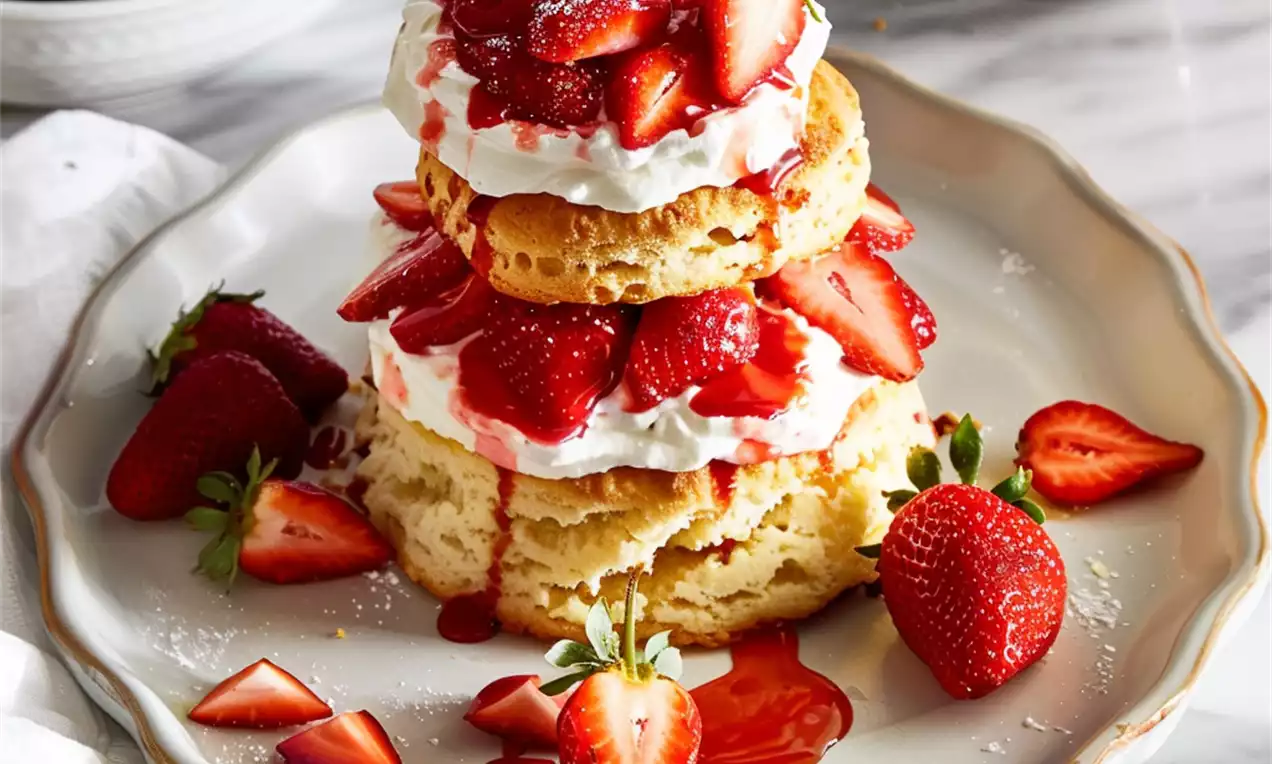 Gâteau aux couches dorées moelleuses, garni de crème blanche, fraises fraîches et coulis rouge, présenté sur une assiette élégante