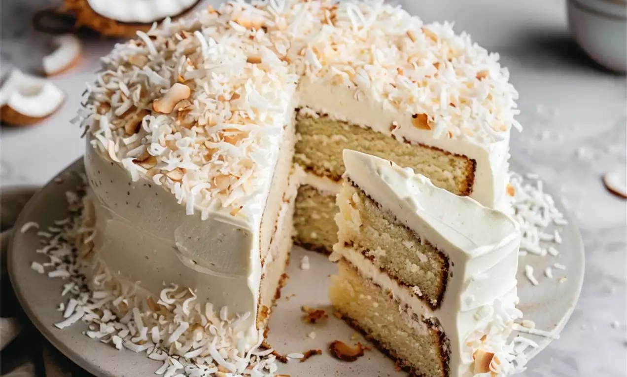 Round coconut cake on a matte beige plate with white icing, toasted coconut flakes on top, a missing slice revealing fluffy golden layers