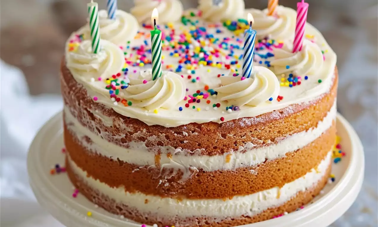 Gâteau beige à étages garnis de crème blanche, décoré de sprinkles multicolores, bougies colorées et volutes de crème sur un support