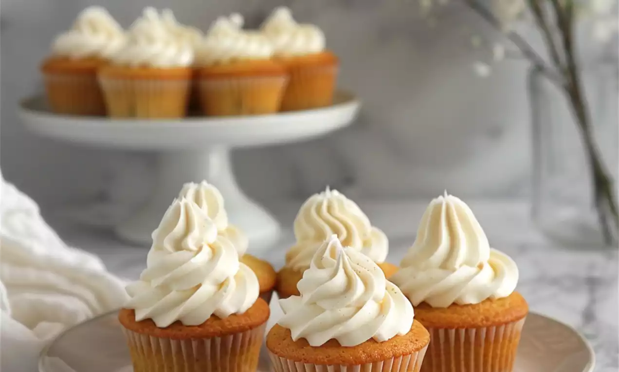 Petits cupcakes dorés au glaçage crémeux vanillé en volutes blanches sur une assiette beige, entourés de décorations légères et florales