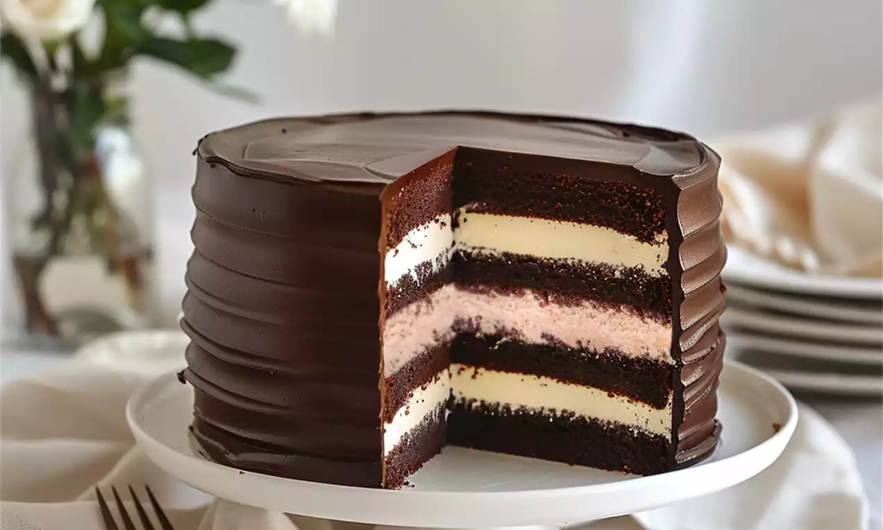 Layered tuxedo cake with alternating chocolate and cream layers, smooth dark chocolate ganache coating, on a white pedestal plate
