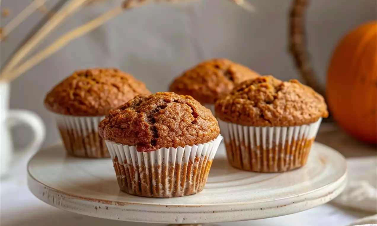 Pumpkin muffins golden brown with a domed, slightly cracked surface in white paper liners on a vintage cake stand surrounded by autumn decor