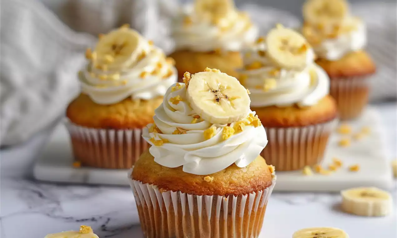 Cupcake doré à la banane surmonté de crème blanche vaporeuse, tranches de banane et éclats dorés sur une table marbrée