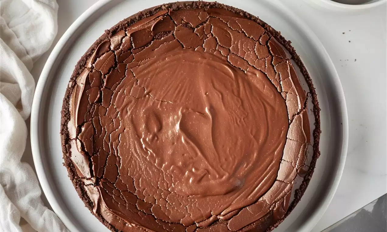 Chocolate cheesecake with a glossy cracked top and rich brown filling on a white plate, surrounded by cocoa powder and chocolate chunks