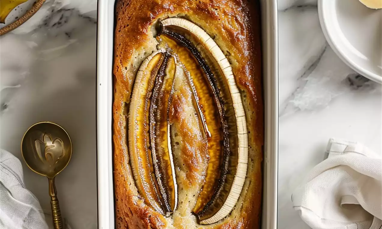 Golden brown banana bread in a white loaf pan topped with two caramelized banana halves, set on a marble surface with a gold spoon nearby