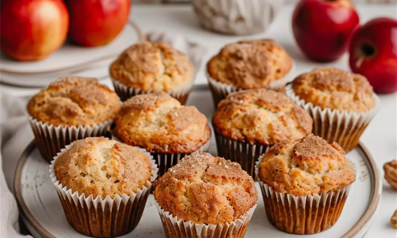 Golden brown apple muffins with domed tops in crimped paper liners on a rustic round plate surrounded by fresh red apples and beige fabric