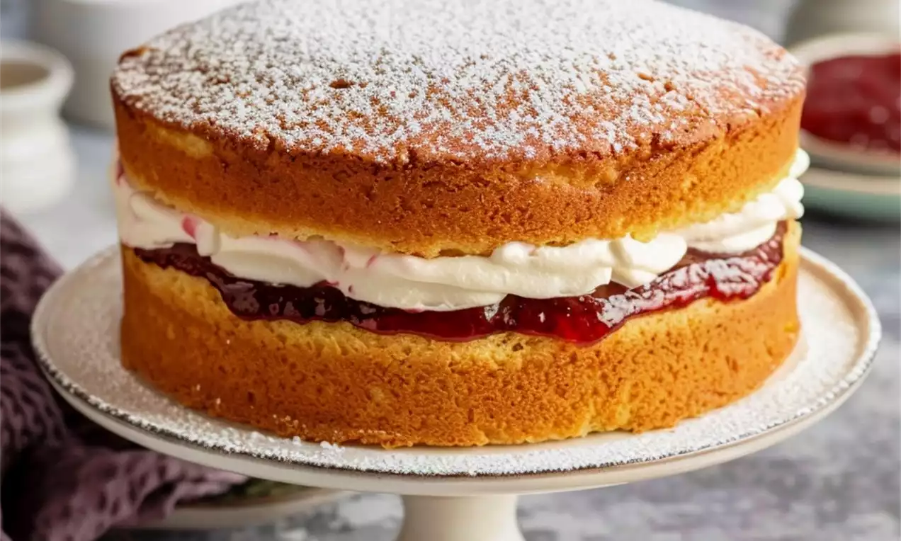 Gâteau Victoria à deux couches dorées, garni de crème blanche, confiture rouge brillante et saupoudré de sucre glace sur un plat à gâteau blanc
