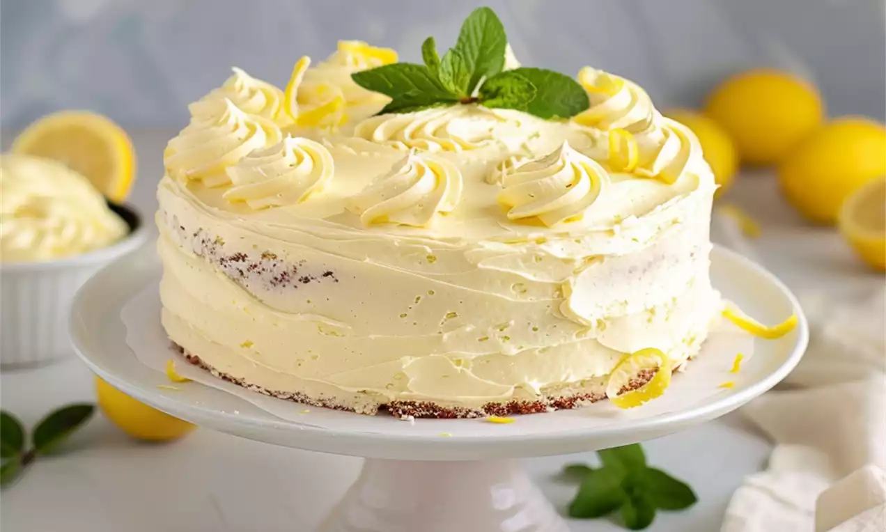 Gâteau moelleux à la crème citron pâle avec des volutes de chantilly, zestes de citron et une touche de menthe, posé sur un plat blanc