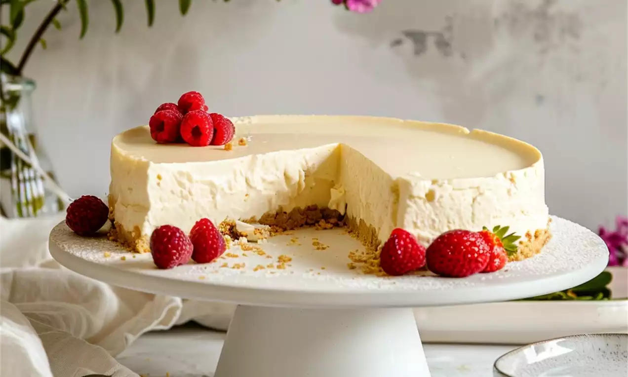 A smooth pale yellow cheesecake with a biscuit base, topped with bright red raspberries on a white pedestal cake stand