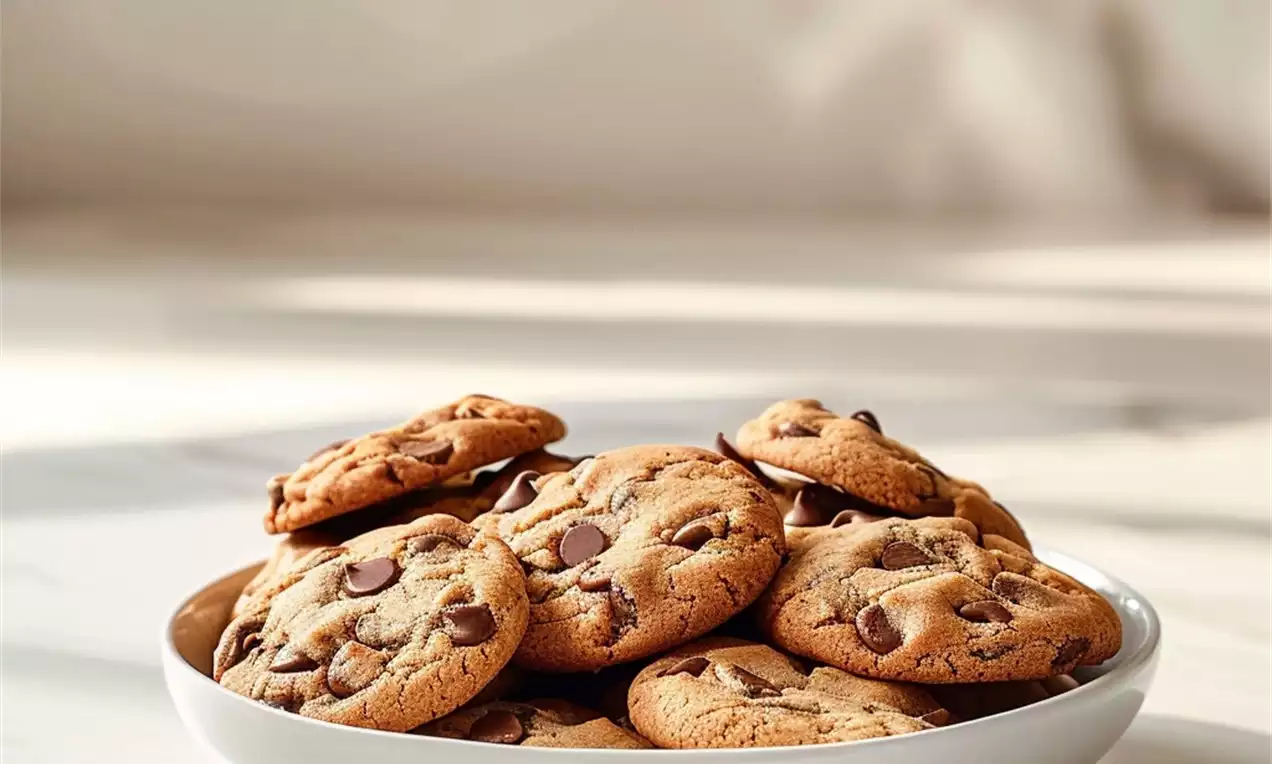Warm golden-brown peanut butter chocolate chip cookies with soft textures and melted chocolate chips stacked on a white plate