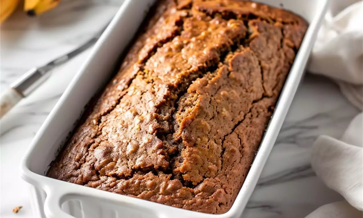 Golden brown vegan banana bread with a cracked top in a white ceramic loaf pan on a marble surface, surrounded by ripe bananas and a white cloth