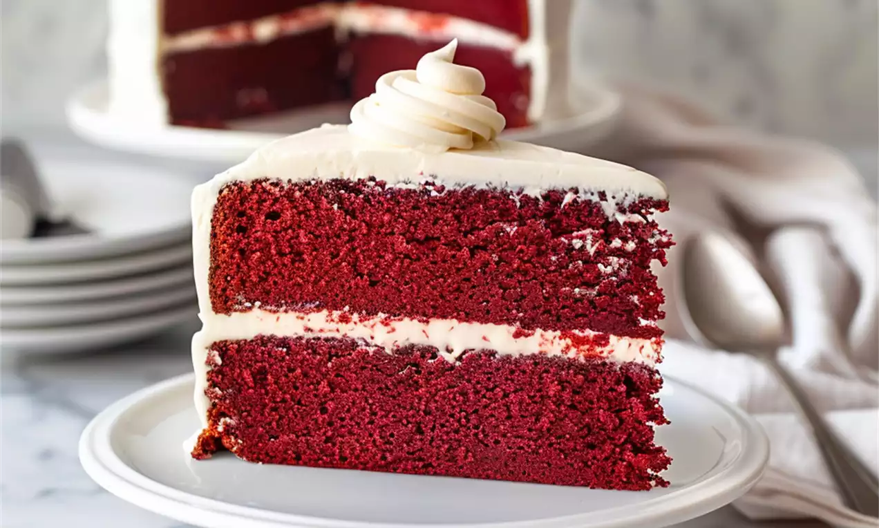 Gâteau Red Velvet à la génoise rouge intense en deux couches, recouvert de glaçage blanc crémeux avec une spirale décorative dessus