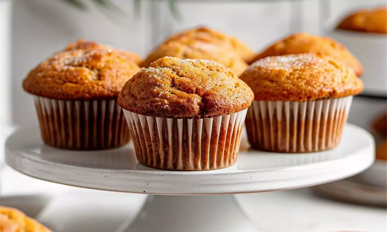 Golden banana muffins with domed tops and a light sugar dusting, wrapped in striped paper liners on a white pedestal cake stand