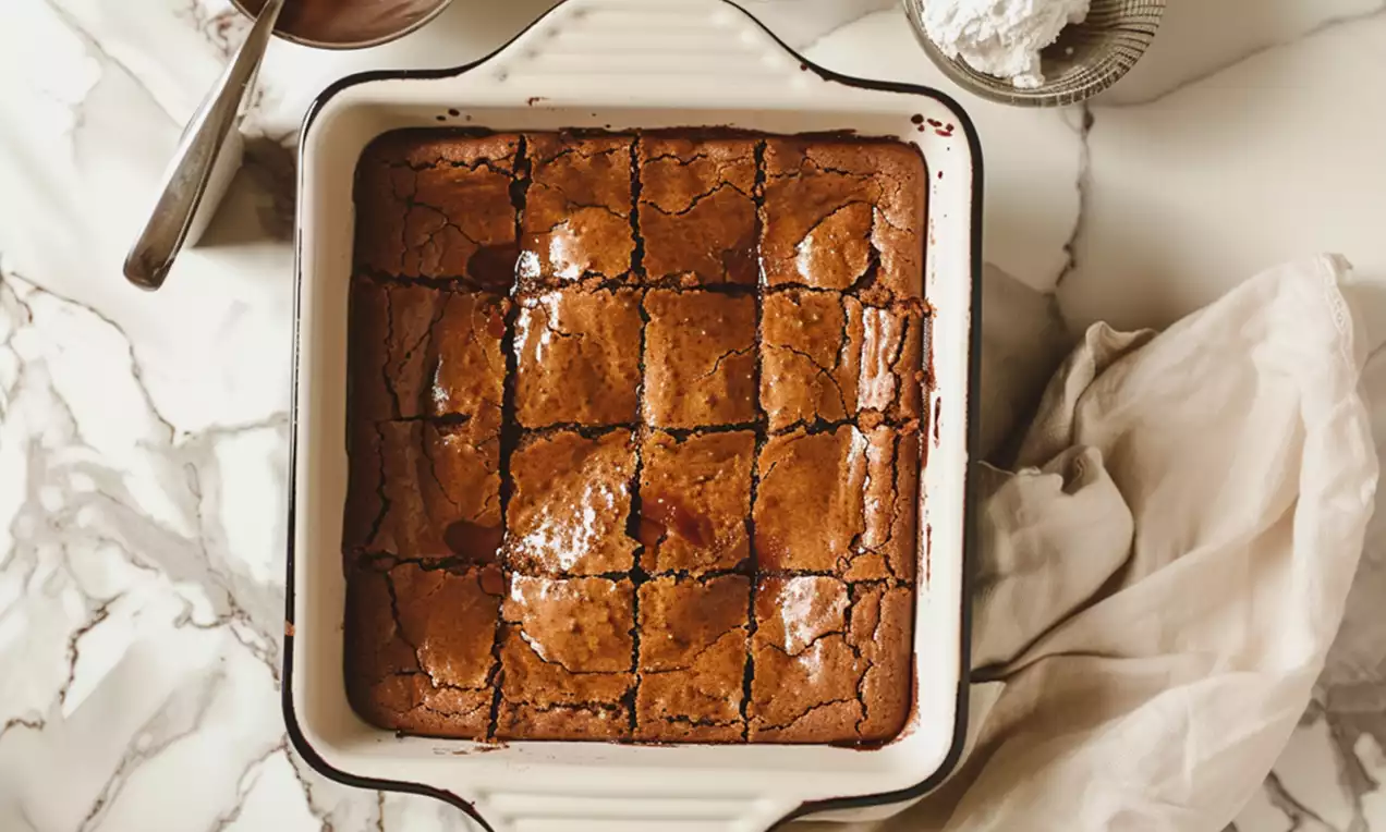 Butterscotch brownies in a square white baking dish, golden brown with crackled tops, surrounded by eggs, flour, and cream on a marble countertop