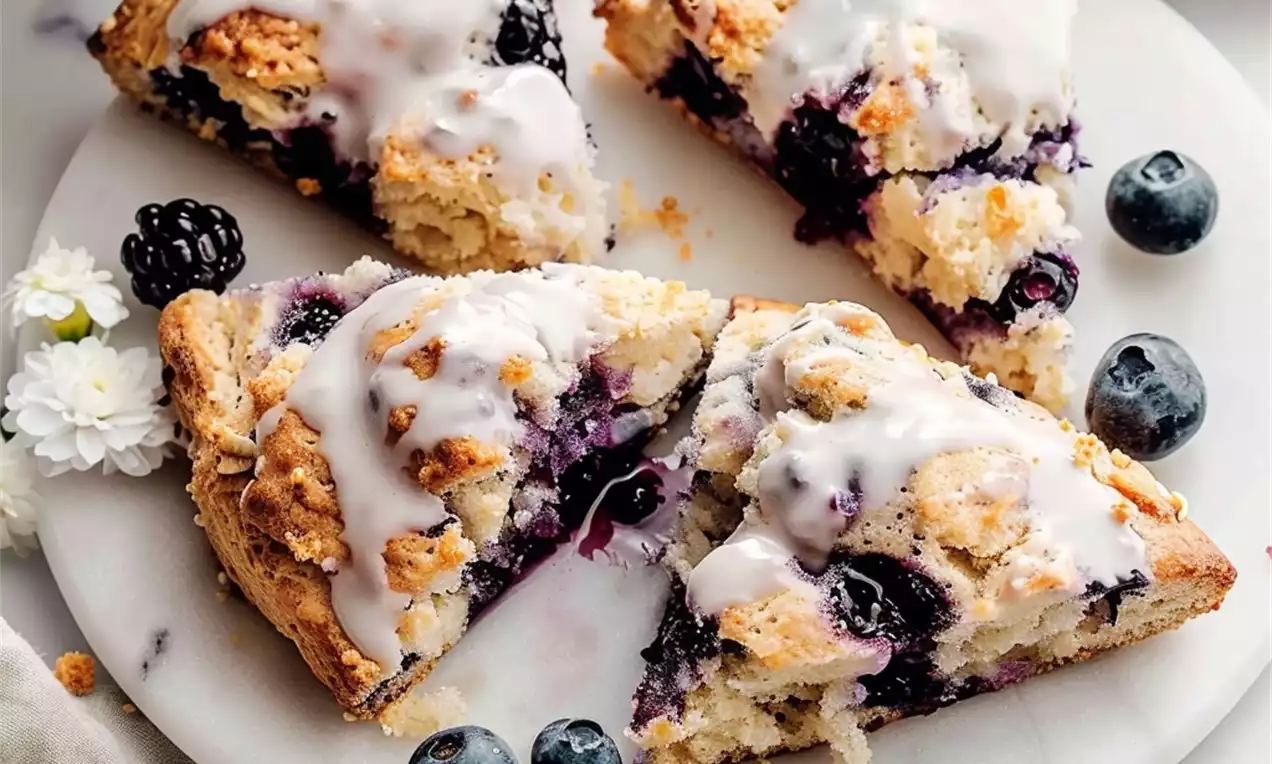 Scones dorés triangulaires garnis de myrtilles juteuses avec un glaçage blanc brillant, disposés sur une assiette en marbre avec quelques myrtilles fraîches et fleurs blanches