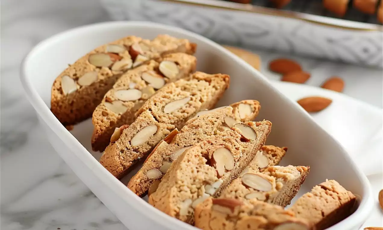 Golden biscotti slices studded with almonds, arranged in a white oval dish on a marble surface with scattered whole almonds nearby