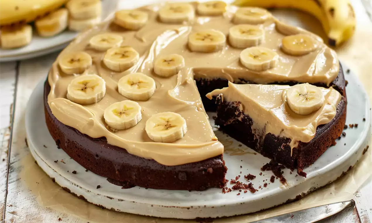 Gâteau rond au chocolat brun foncé avec une couche de crème beige lisse et des rondelles de banane fraîches sur le dessus sur une assiette blanche