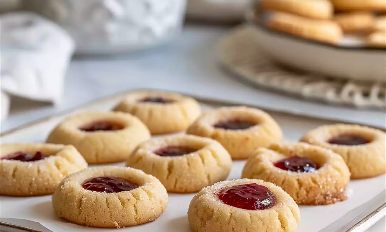 Thumbprint cookies with a golden crumbly texture, indentations filled with glossy red jam, arranged on parchment paper on a plate