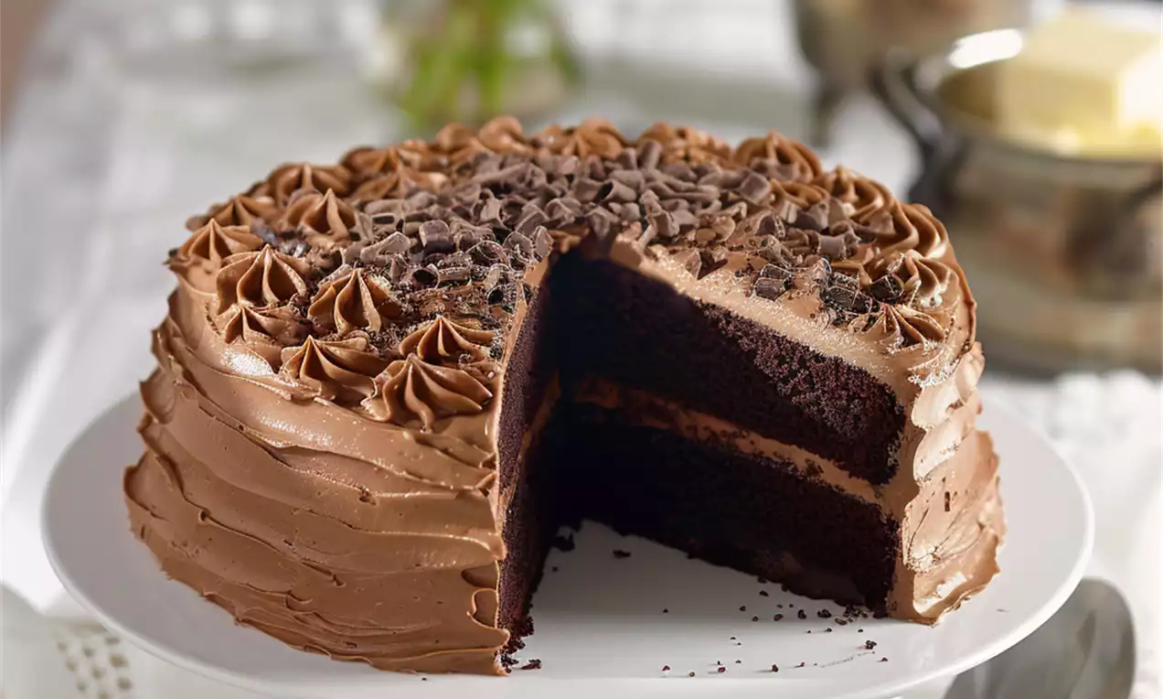 German chocolate cake with rich brown frosting, chocolate shavings, layers of dark cake on a white pedestal plate with a slice missing
