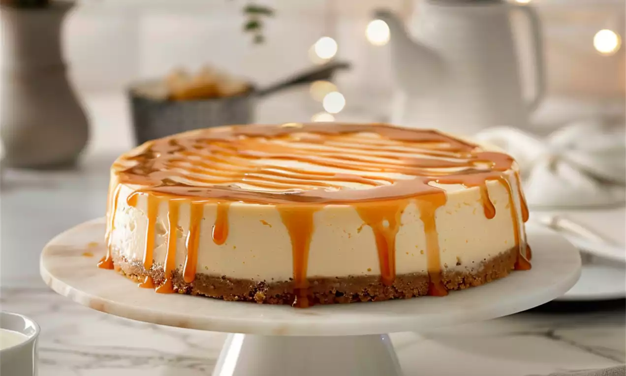 Salted caramel cheesecake with golden caramel dripping over smooth cream cheese filling on a biscuit base, served on a white pedestal