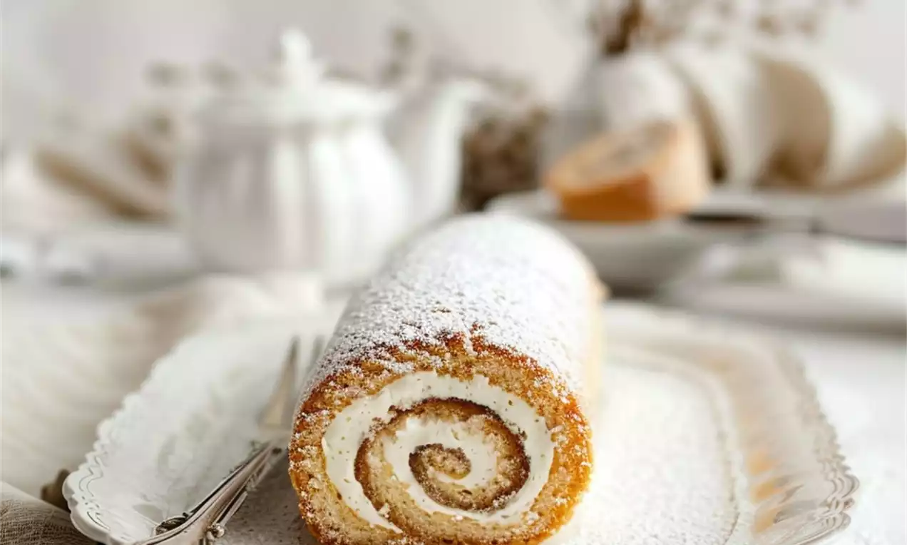 Swiss roll with golden sponge and spiraled cream filling dusted with powdered sugar, served on an ornate plate with silver forks