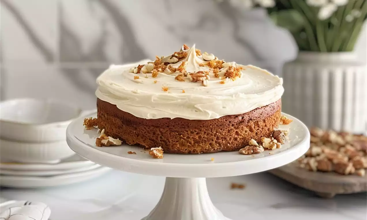 Carrot cake with a golden-brown crumb, topped with creamy white frosting and sprinkled with chopped nuts on a white pedestal stand