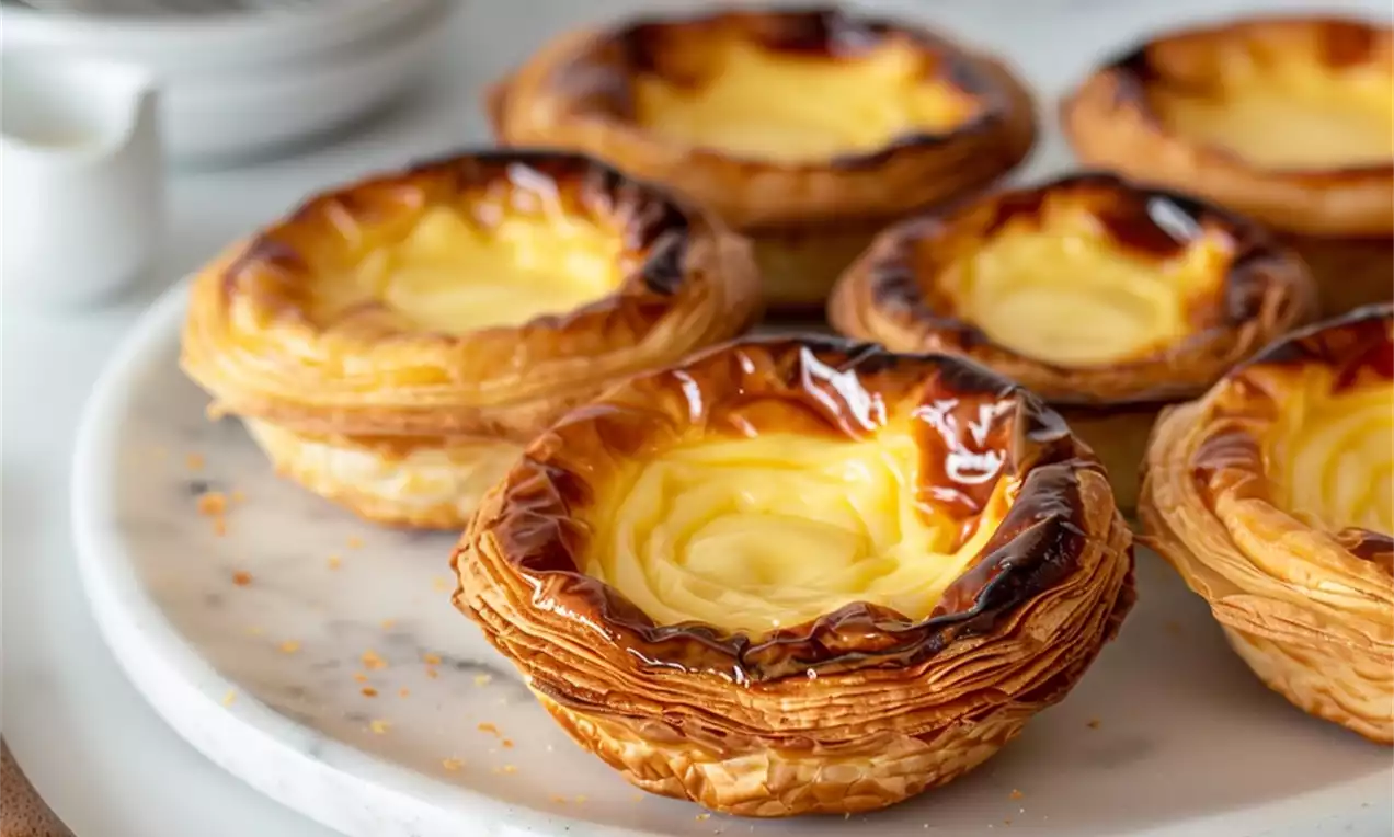 Golden brown Pastel de Nata with flaky layered crusts and glossy burnt edges, creamy yellow custard centers on a marble plate