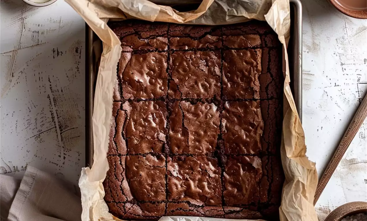 Brownies moelleux à la croûte brillante couleur chocolat foncé, coupés en carrés égaux et posés dans un moule avec du papier cuisson
