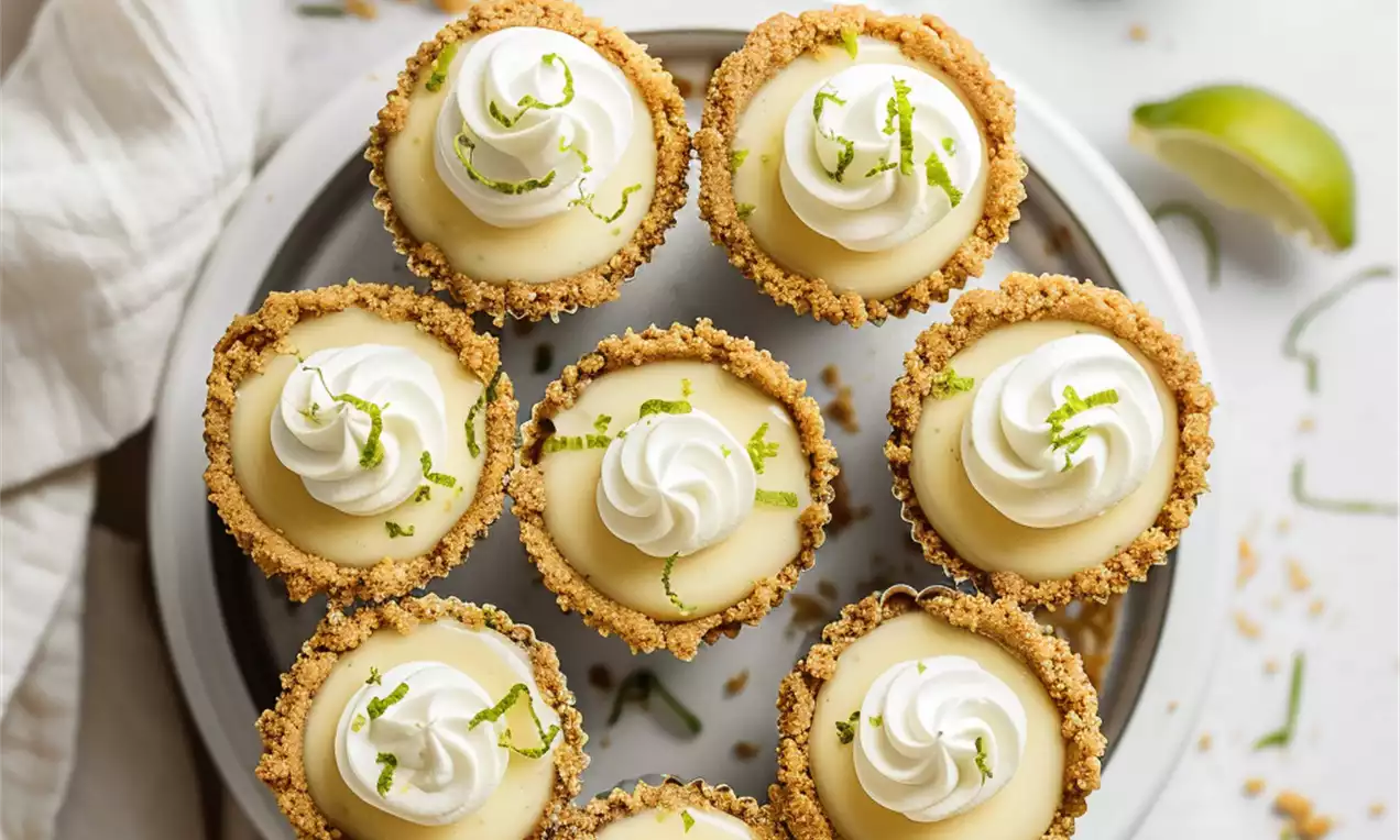 Mini key lime pies with pale yellow creamy filling in crumbly golden crusts, topped with whipped cream swirls and lime zest on a white plate