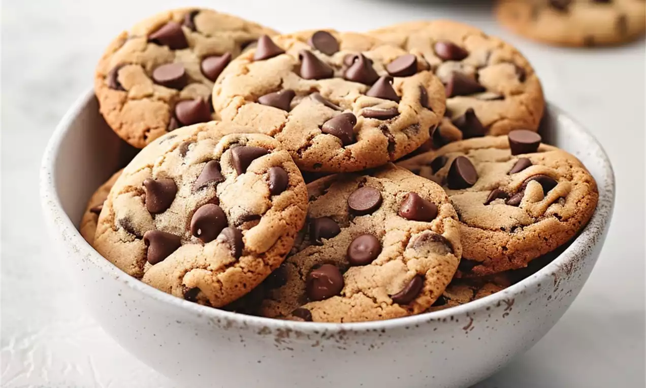 Golden brown chocolate chip cookies with crisp edges and soft centers, speckled with chocolate chips in a white bowl on a textured surface