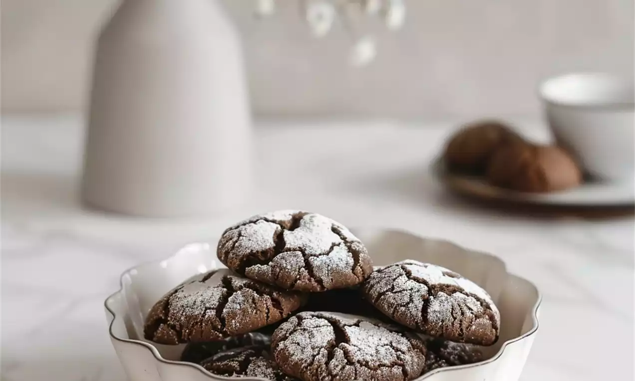 Cookies craquelés au chocolat foncé saupoudrés de sucre glace blanc, disposés dans un bol en céramique ondulé sur une table marbrée