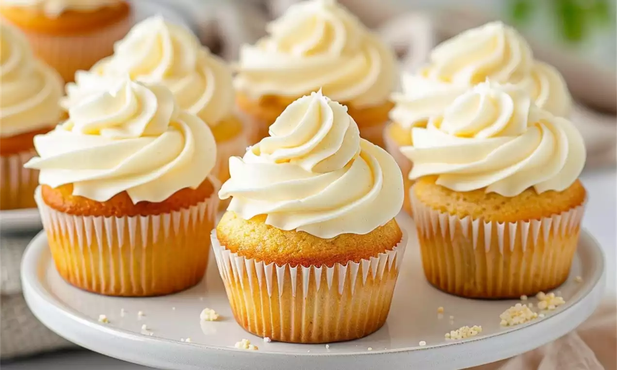 Cupcakes dorés aux crêtes crémeuses ivoire enroulées en volutes, disposés sur un présentoir blanc avec quelques miettes autour