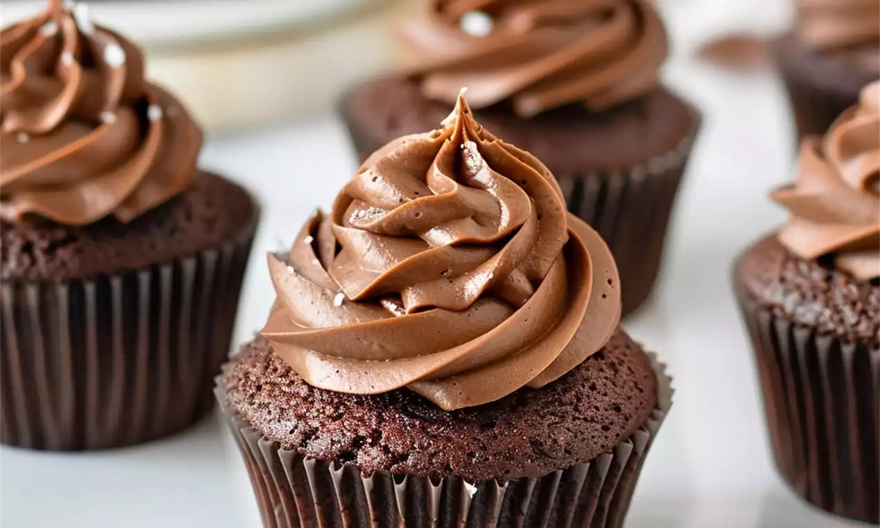 Cupcakes au chocolat moelleux dans des caissettes noires, coiffés de volutes brillantes de ganache chocolatée sur un plat blanc rectangulaire